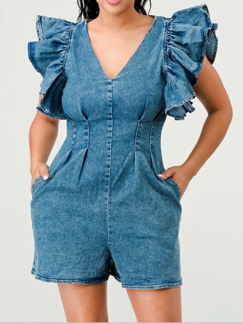 Denim Short Romper with Ruffled Sleeves